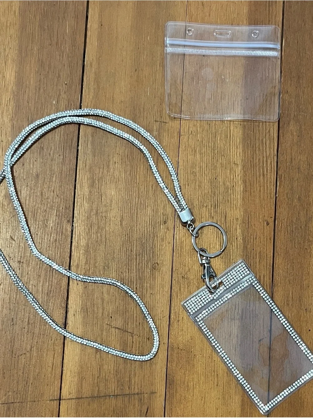Clear Rhinestone Lanyard I.D. Or card holder- Silver